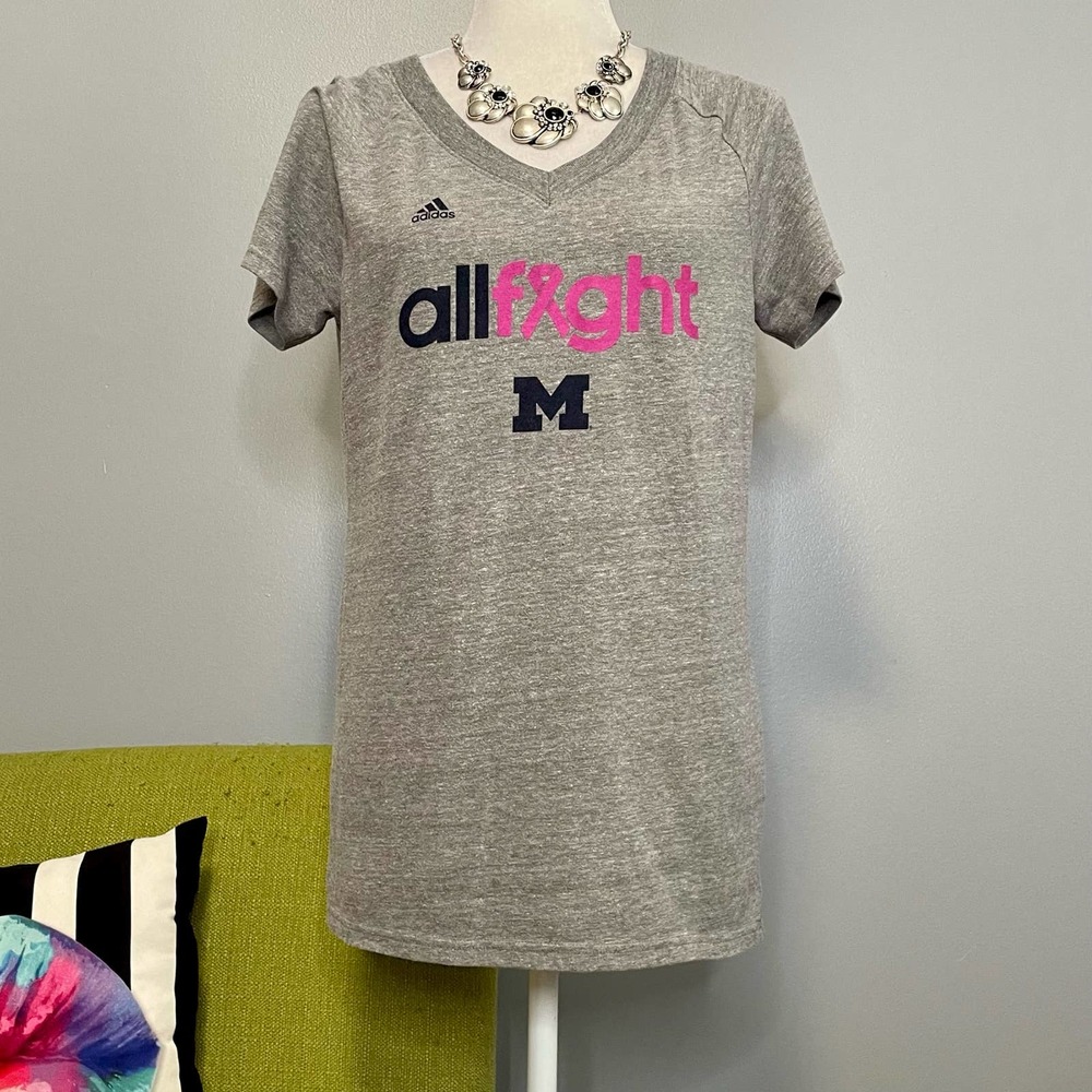 Adidas University of Michigan UofM Gray Breast Cancer Ribbon Tee